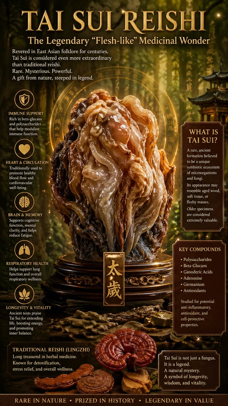“Tai Sui Reishi” (often referred to in folklore as a rare “flesh-like” medicinal fungus) is considered even more extraordinary than traditional reishi in many East Asian legends, though modern scientific classification remains debated.