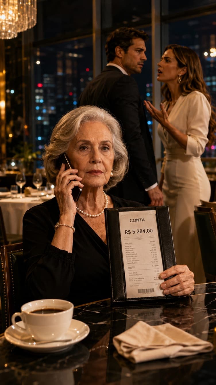 “Meu próprio filho e minha nora me abandonaram, uma viúva de 75 anos, em uma churrascaria luxuosa de São Paulo com uma conta de mais de 5 mil reais, achando que eu pagaria em silêncio por vergonha… Mas eles não faziam ideia de que um único telefonema naquela noite transformaria a mansão onde viviam em um silêncio absoluto antes da quarta-feira de manhã…”