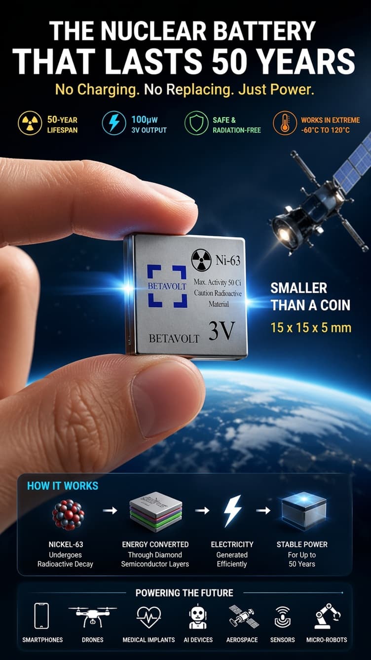 A Chinese startup, Betavolt Technology, claims it has developed an ultra-compact nuclear battery smaller than a coin—capable of powering devices for up to 50 years without recharging.