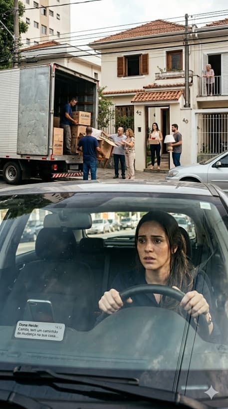 “14h12, minha vizinha mandou: ‘Tem um caminhão de mudança na sua casa em São Paulo’ — só que eu nunca planejei sair… Quando cheguei, minha própria família já estava se instalando como se fosse dona.”